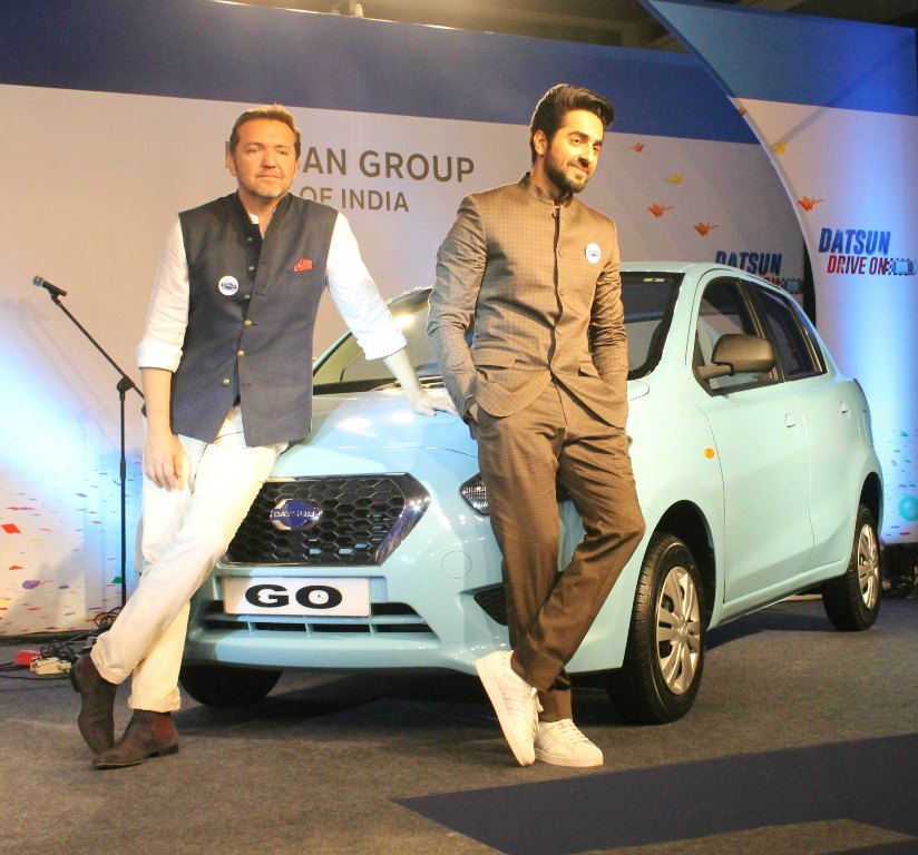 Guillaume Sicard and Bollywood star Ayushmann Khurana celebrating brand Datsun's 1st anniversry in Delhi