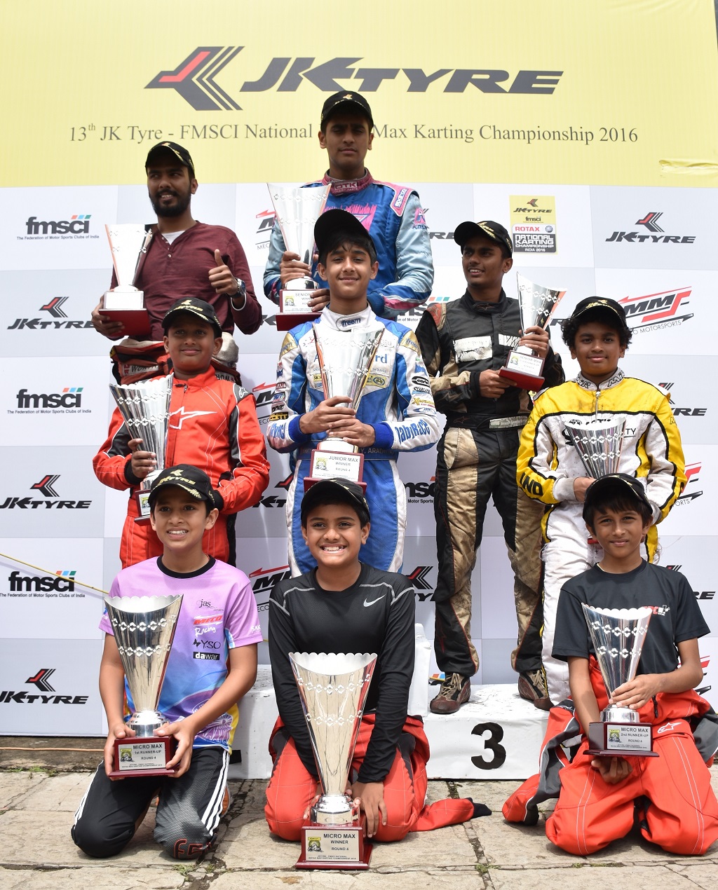 Winners of all three categories (Micro Max, Junior Max and Senior Max Race) at the 13th JK Tyre FMSCI National Rotax Max fourth round Chamionship held  in Kolhapur this weekend